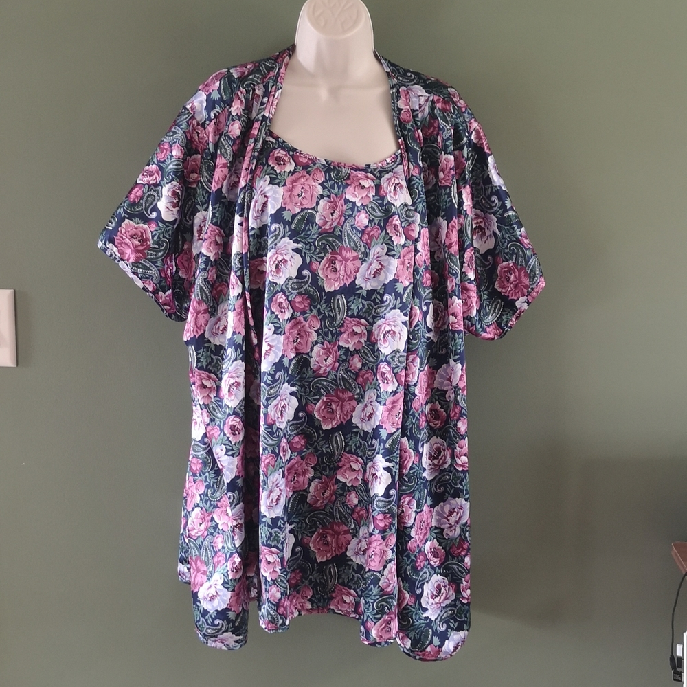 Vintage Satin Floral Chemise & Robe Pajama Set Sz M